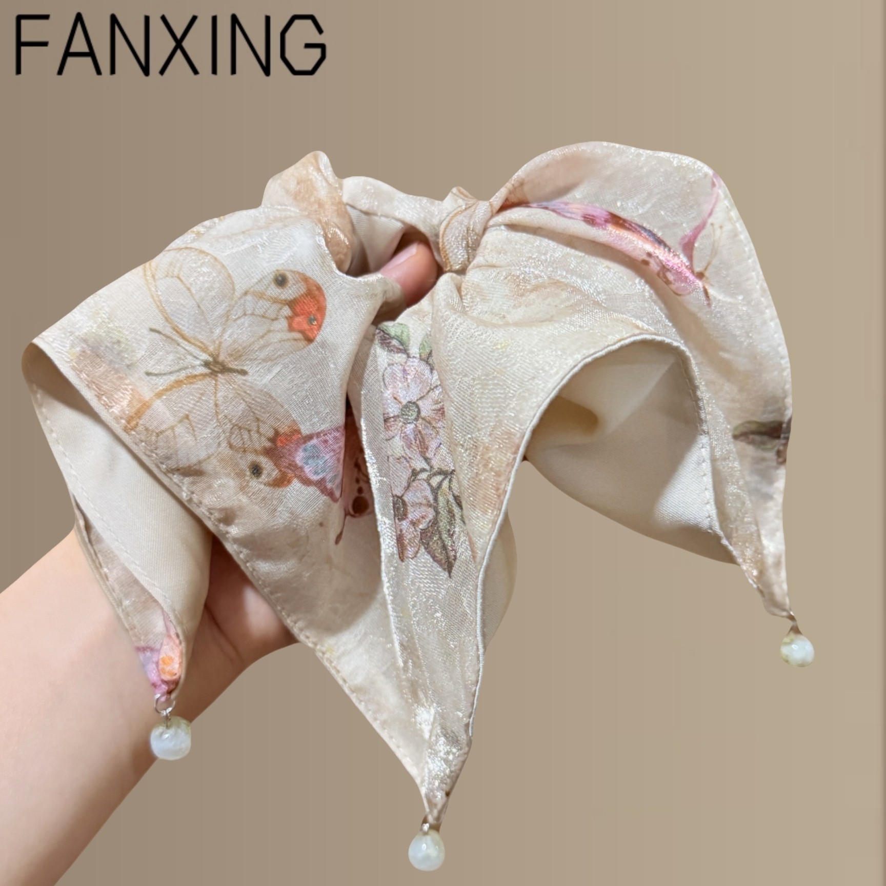 新款复古中式印花经典蝴蝶方巾肠圈女高级感气质珍珠扎旅行发卡,户外/登山/野营/旅行用品,旅行发卡,淘宝优惠券,粉丝福利购,淘宝优惠卷