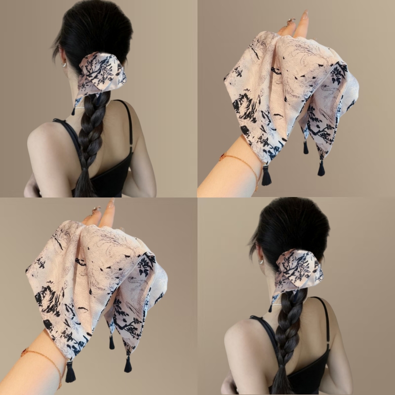 【国风气质范】新中式水墨画印花流苏小方巾发圈旅行发卡大肠圈