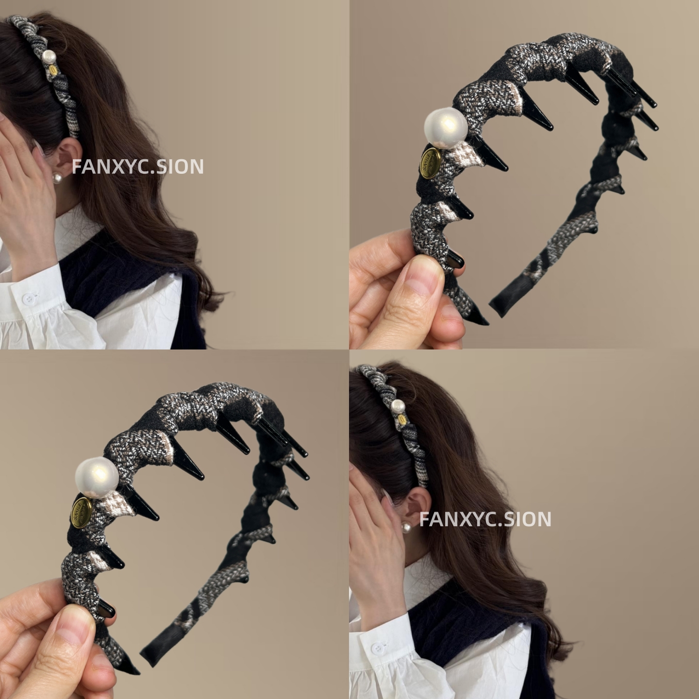 韩系早秋格纹珍珠带齿缠绕发箍