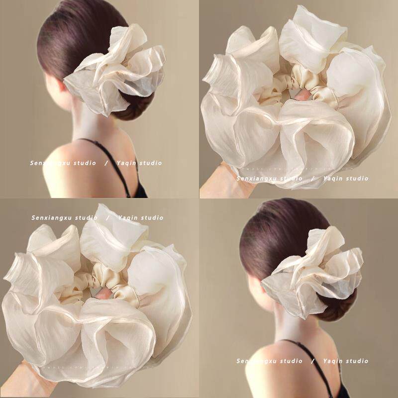 超大发圈~双层网纱布艺褶皱超大号旅行发卡大肠圈发圈扎马尾头花