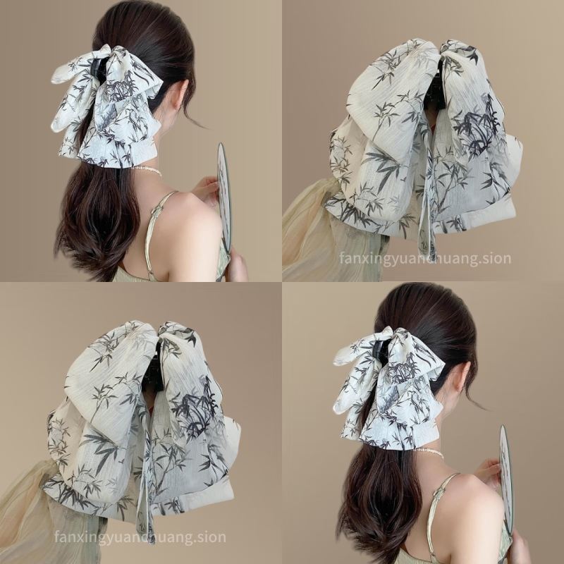 新中式水墨画蝴蝶结飘带抓夹气质发夹女后脑勺鲨鱼夹古风旅行发卡