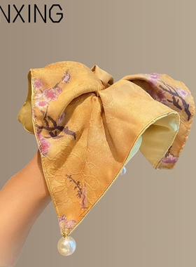 复古国风淡雅梅花中式印花黄色方巾珍珠肠圈古风缎面后脑勺扎头绳