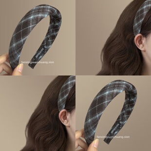 【滨湖之恋】学院风复古蓝咖格纹发箍高颅顶时尚头箍百搭旅行发