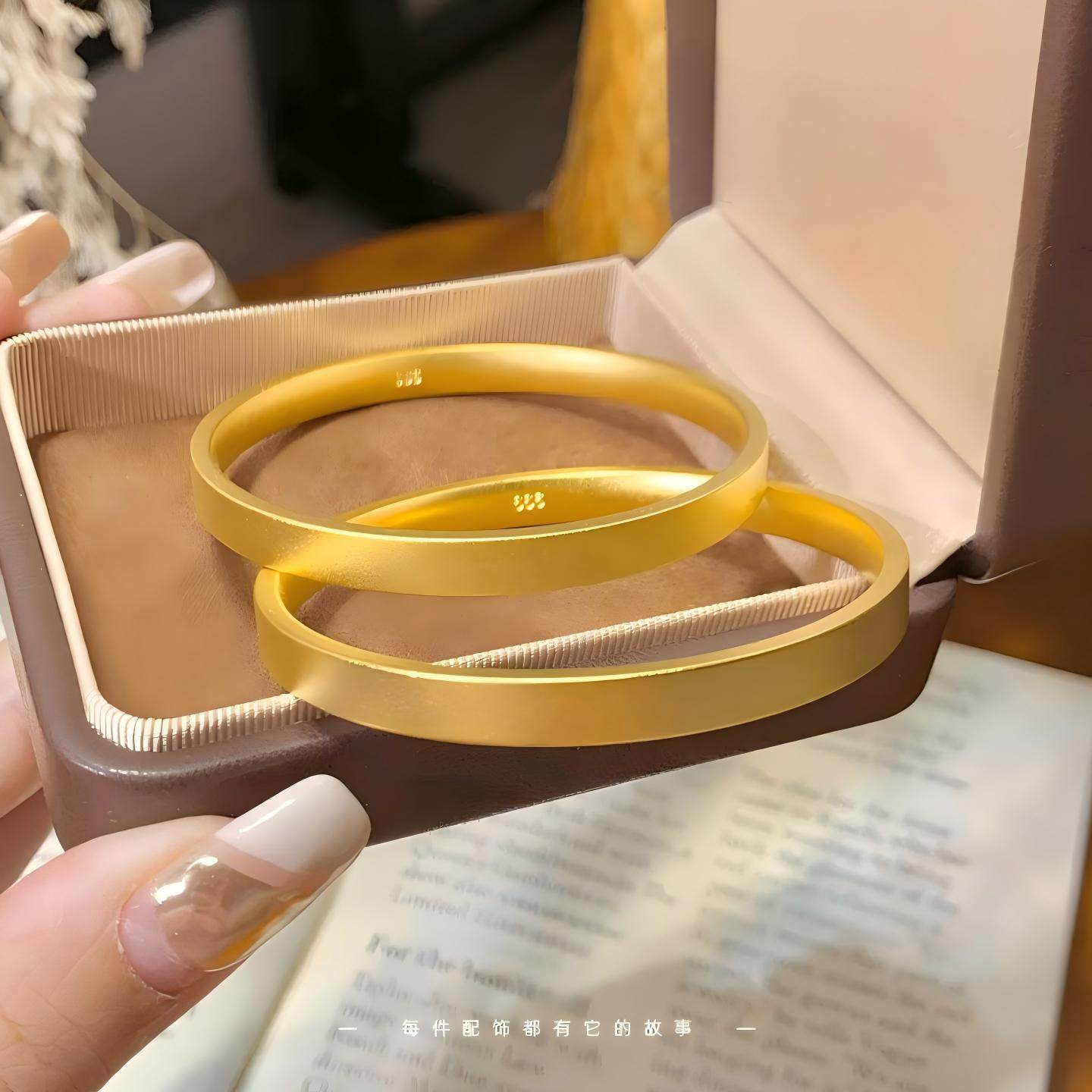越南沙金手镯女古法平面四方如意素圈小红书周家同款手环不掉色