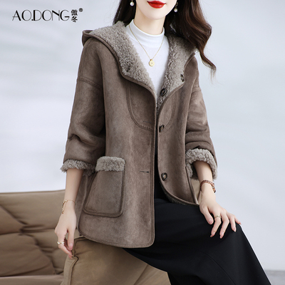 颗粒绒皮草外套女中长款麂皮绒两面穿连帽保暖羊羔毛一体大衣冬季