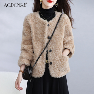 2025海宁颗粒绒皮草外套女短款简约羊剪绒一体妈妈羊羔毛大衣冬季