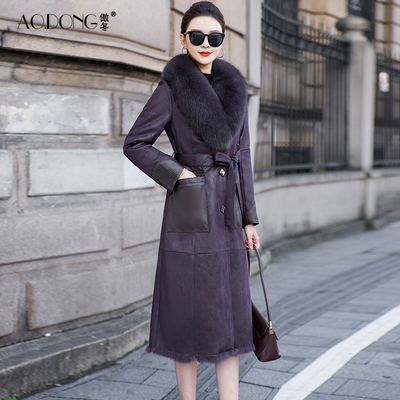 海宁兔毛皮草一体外套女狐狸毛领腰带轻奢中长款收腰气质大衣冬季