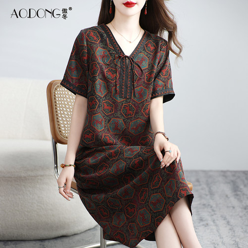 重磅香云纱真丝连衣裙女休闲复古莨绸桑蚕丝中老年妈妈裙子夏季
