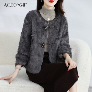 2025新款海宁仿小湖羊毛环保皮草外套女短款加厚保暖牛角扣大衣冬