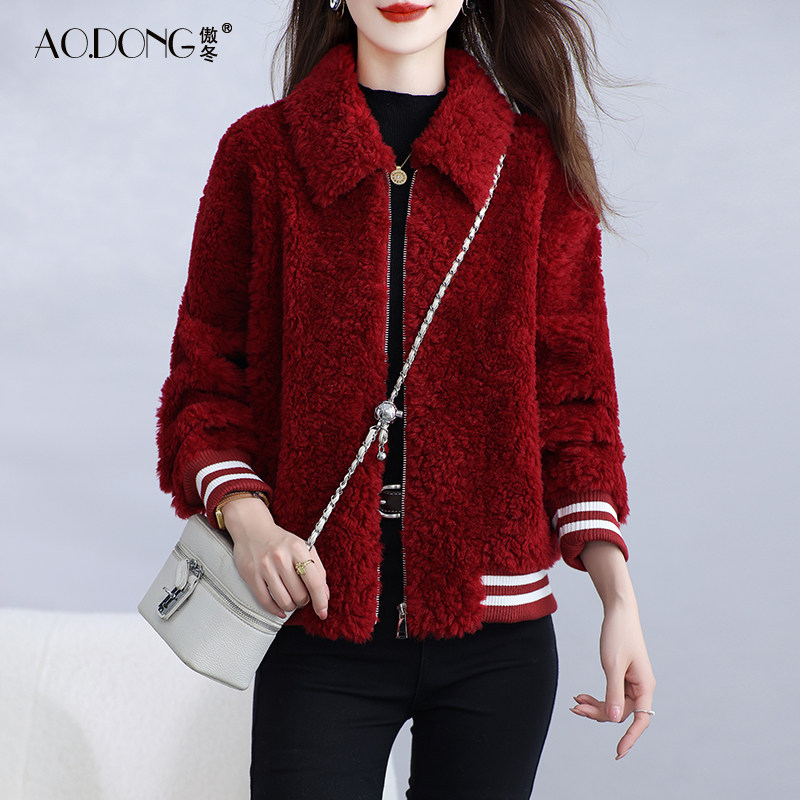 海宁颗粒绒皮草外套女短款棒球服保暖时尚加厚减龄羊羔毛大衣冬季