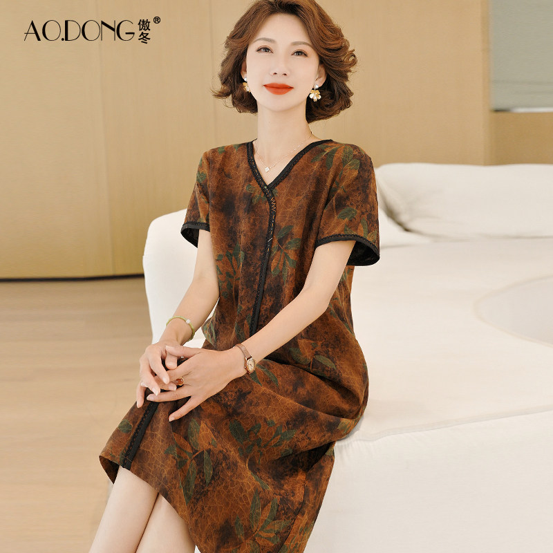 重磅高端香云纱真丝连衣裙女夏季短袖妈妈印花莨纱桑蚕丝裙子夏季