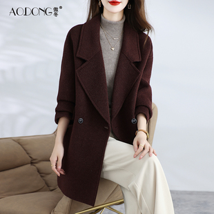 高级感双面绒大衣女中长款西装领羊毛呢妈妈休闲韩版气质外套秋冬