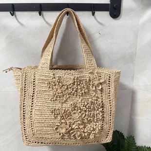 拉菲草大容量手钩立体花朵编织包夏海边度假复古手提单肩包托特包