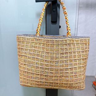 高品质拉菲草手钩编织包女大容量彩色托特包手提单肩包度假沙滩包