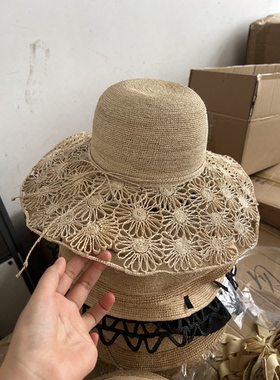 可折叠防晒帽子女夏季大帽檐手工草编镂空沙滩文艺海边遮阳太阳帽