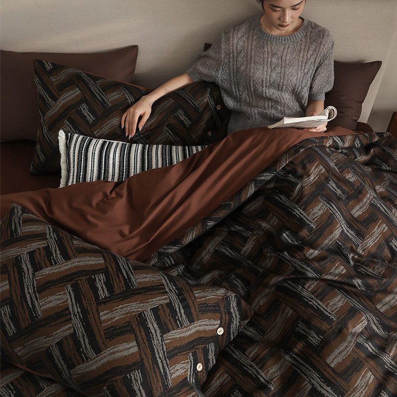 高档100S长绒棉四件套简约全棉亲肤裸睡床单被套青年美式床上用品