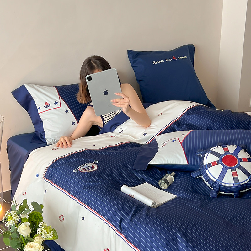 高档100S长绒棉四件套青少年全棉裸睡床单被套男学生单人床三件套