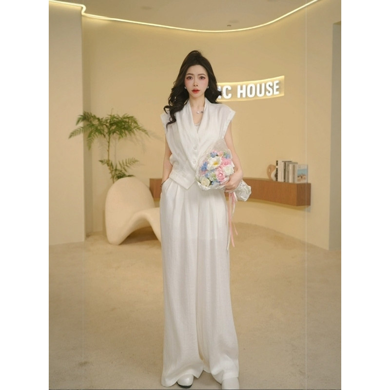 Basic House/百家好夏季老钱风马甲休闲裤套装B0185B57082/5B392