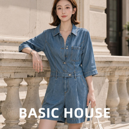 Basic House/百家好通勤风牛仔连体裤女高腰直筒短裤纽扣DXX62