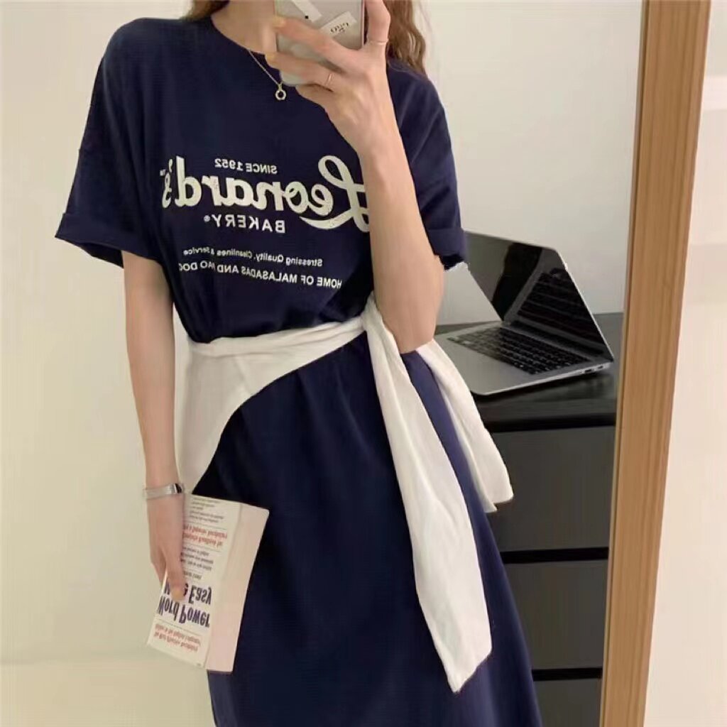 睡裙短袖t恤女宽松韩版夏季新款过膝中长款体恤长裙子睡衣家居服