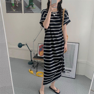 气质条纹睡裙女夏季韩版连衣裙短袖T恤女士休闲长裙子睡衣家居服
