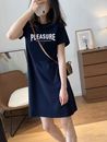 夏季 遮屁股纯棉字母长t内搭显瘦连衣裙子 藏青色短袖 t恤裙女中长款
