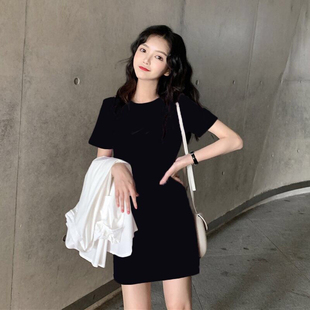 长t打底裙 纯棉长款 t恤连衣裙白色正肩上衣中长款 短袖 女遮屁股修身
