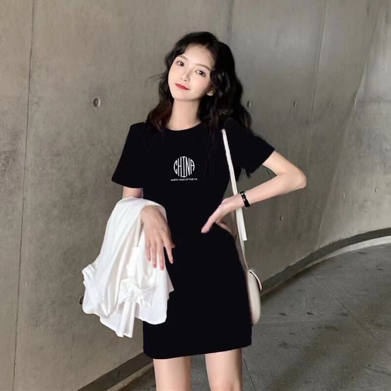 夏季新款宽松中长款纯棉短袖T恤裙女字母圆领遮屁长款百搭连衣裙