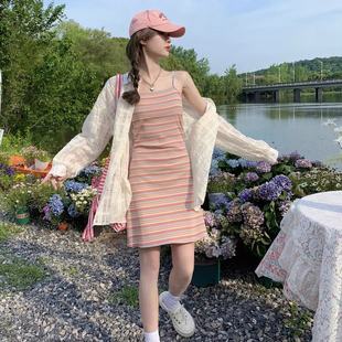 夏季条纹韩版内搭收腰打底衫吊带背心连衣裙女中长款包臀修身显瘦