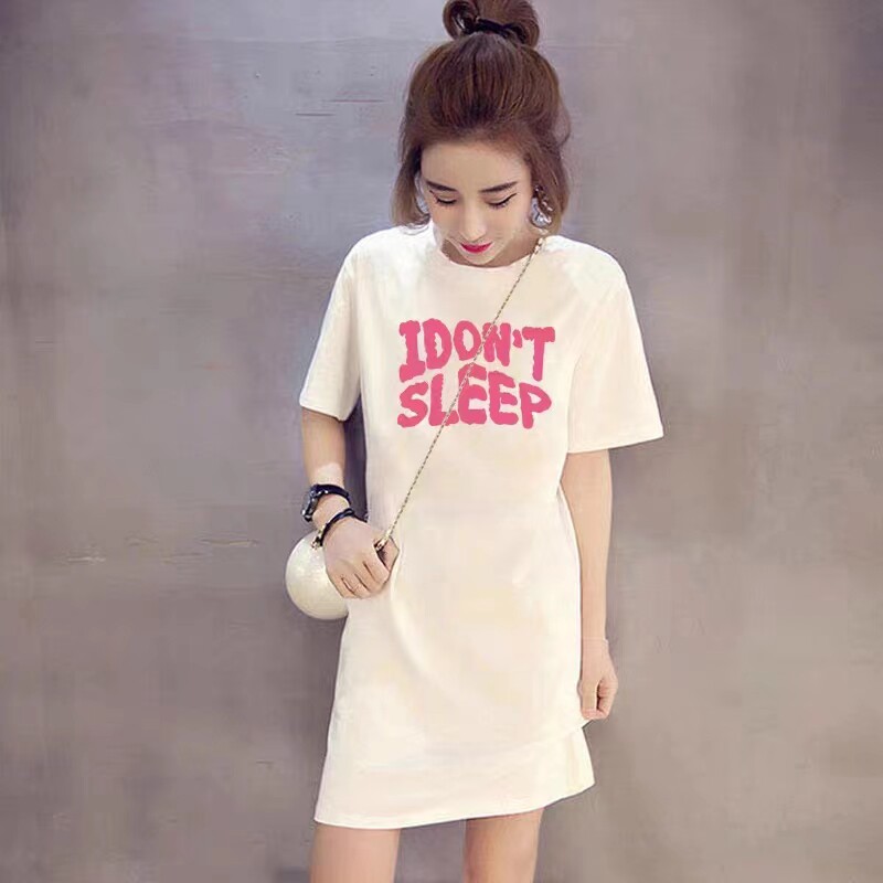 白色纯棉短袖连衣裙夏女大码显瘦休闲直筒慵懒t恤内搭中长款裙子
