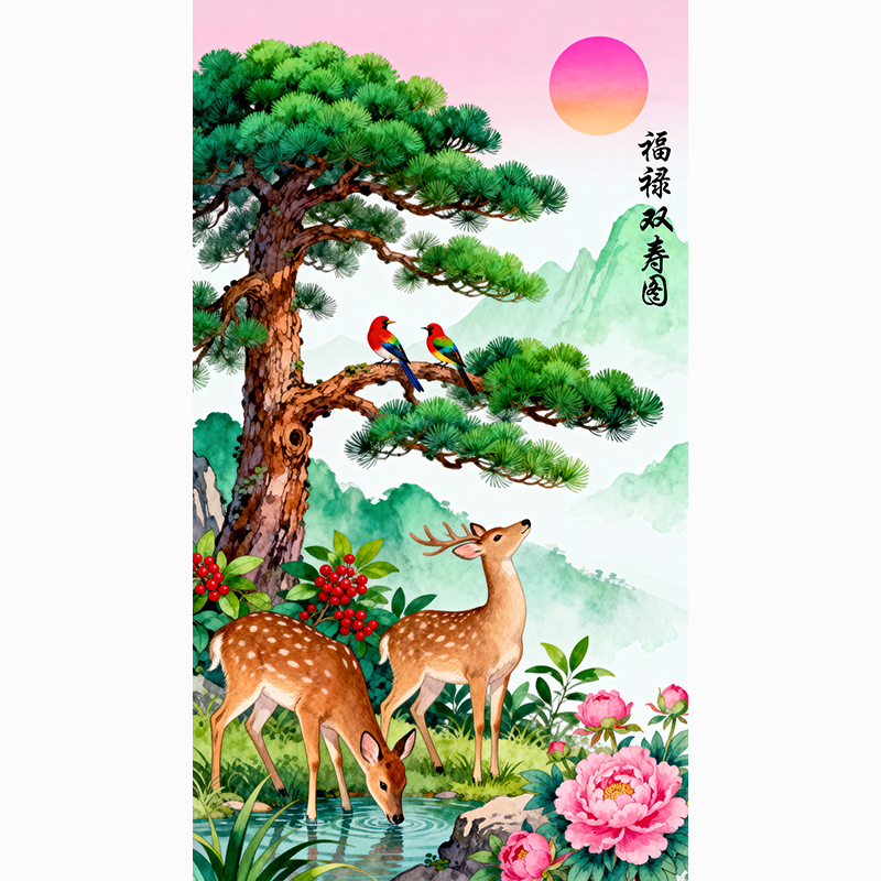 中式装饰画客厅卧室玄关贴纸小鹿松树花卉无框画带背胶自粘贴画