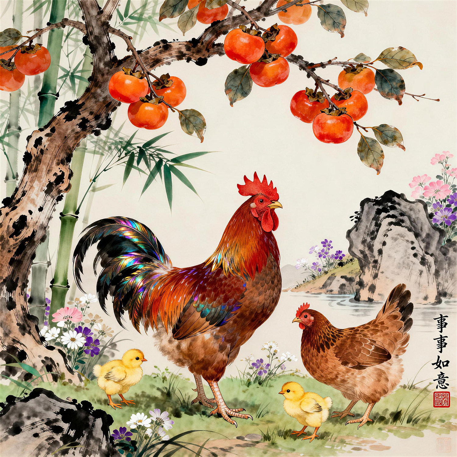 中式事事如意自粘贴画公鸡牡丹画现代装饰画