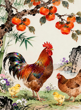中式事事如意自粘贴画公鸡牡丹画五牛图花鸟客厅餐厅玄关装饰画