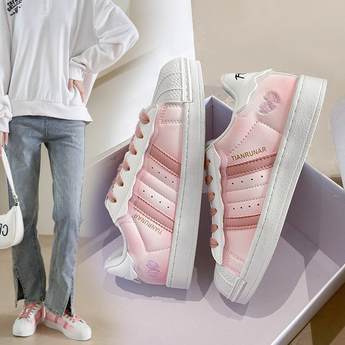 韩版樱花粉贝壳头女低帮小白鞋