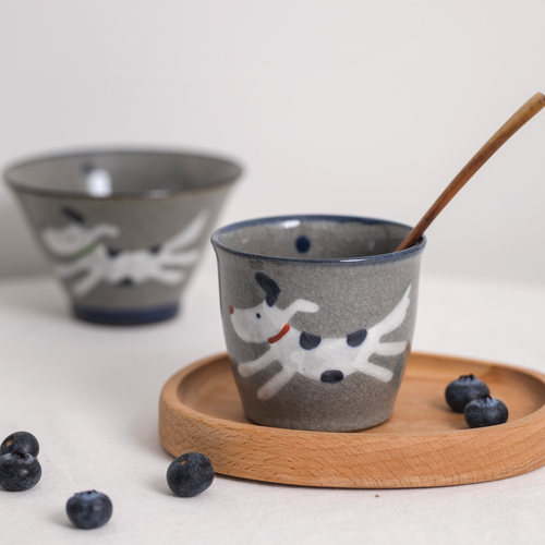日本进口翔芳窑小狗茶杯斗笠碗