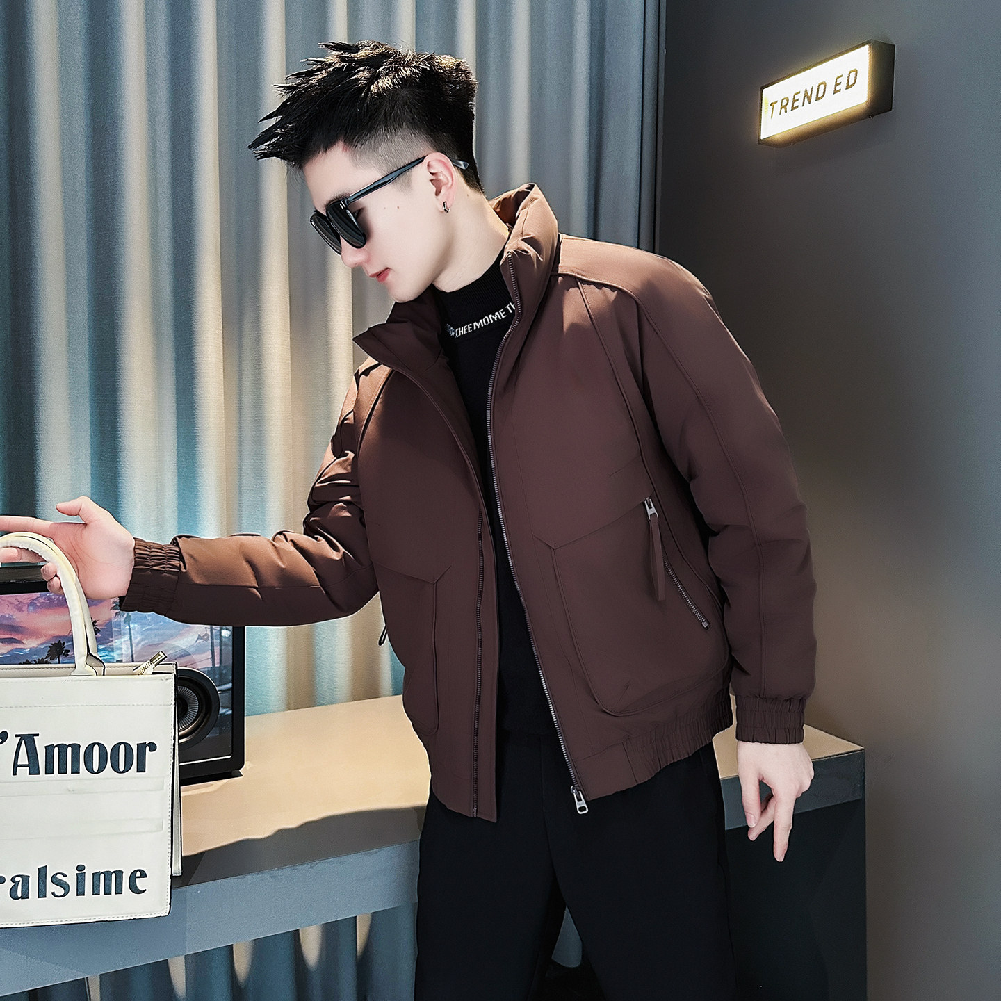 F226-P138控178社会小伙立领棉衣外套潮流修身棉服男紫咖1，男装棉衣，电商A346