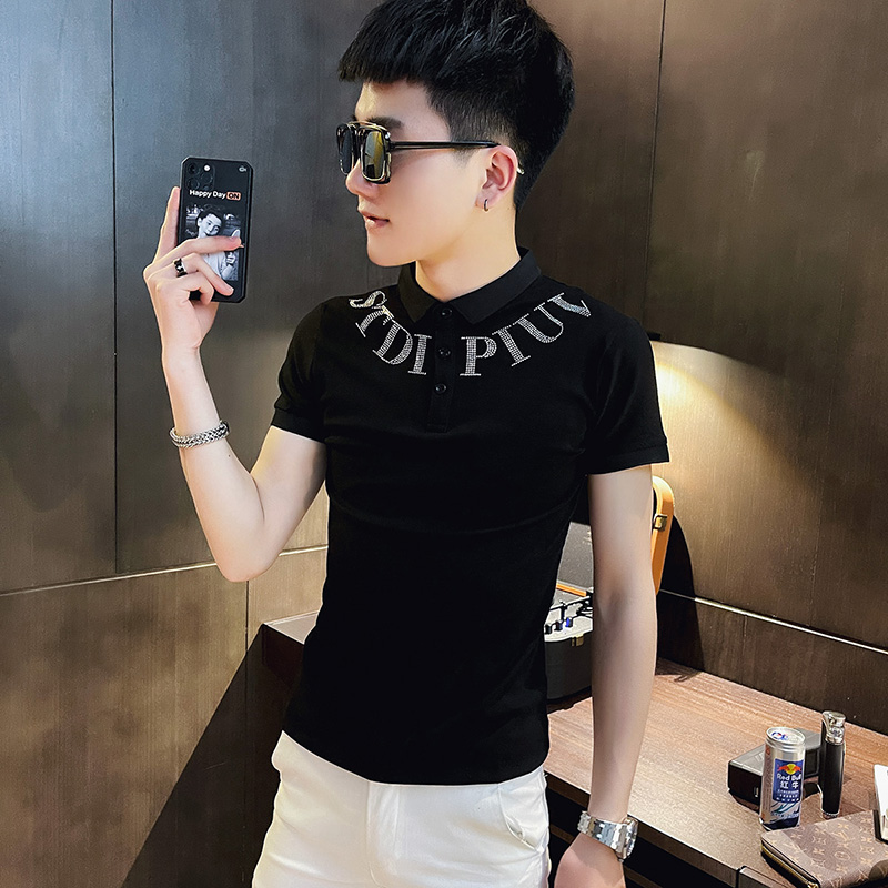 P150-P45控65社会小伙修身烫钻短袖polo衫男翻领t恤潮黑，男装Polo衫，电商A346