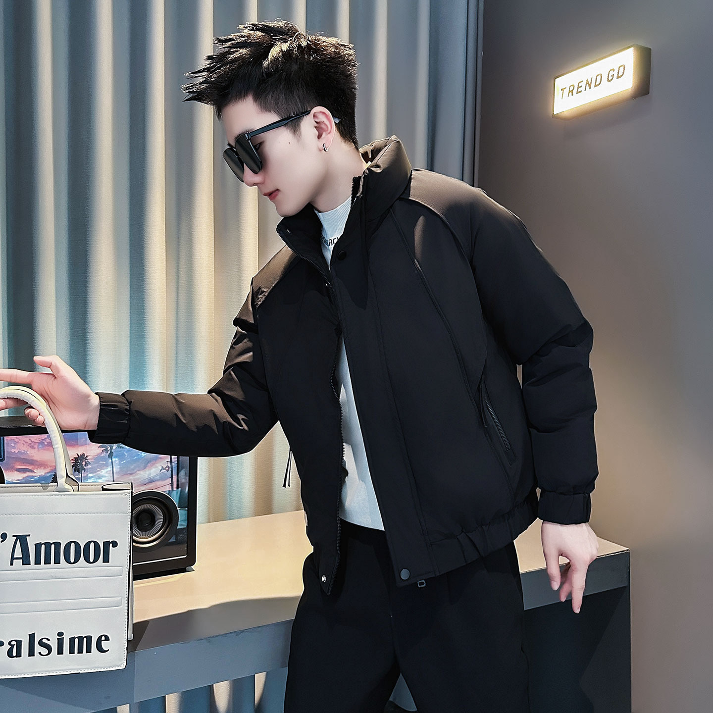 F211-P138 控178 社会小伙立领棉衣外套潮流修身棉服男 卡其1