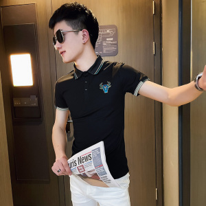 P153-P45 控65 社会小伙修身刺绣短袖polo衫男翻领t恤潮 黑1图片
