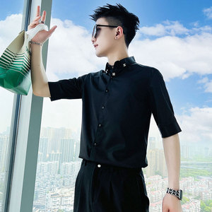 C251-P58 控89 夏季男时尚短袖衬衫潮流男小伙衬衣 黑1，男装T恤，电商A346