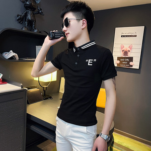P152-P45 控65 社会小伙修身刺绣短袖polo衫男翻领t恤潮 黑1图片