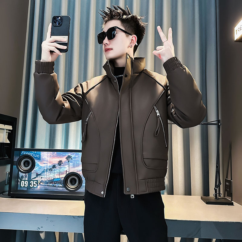 F214-P148控198社会小伙立领皮棉衣外套潮流修身棉服男黑1,男装棉衣,电商A346
