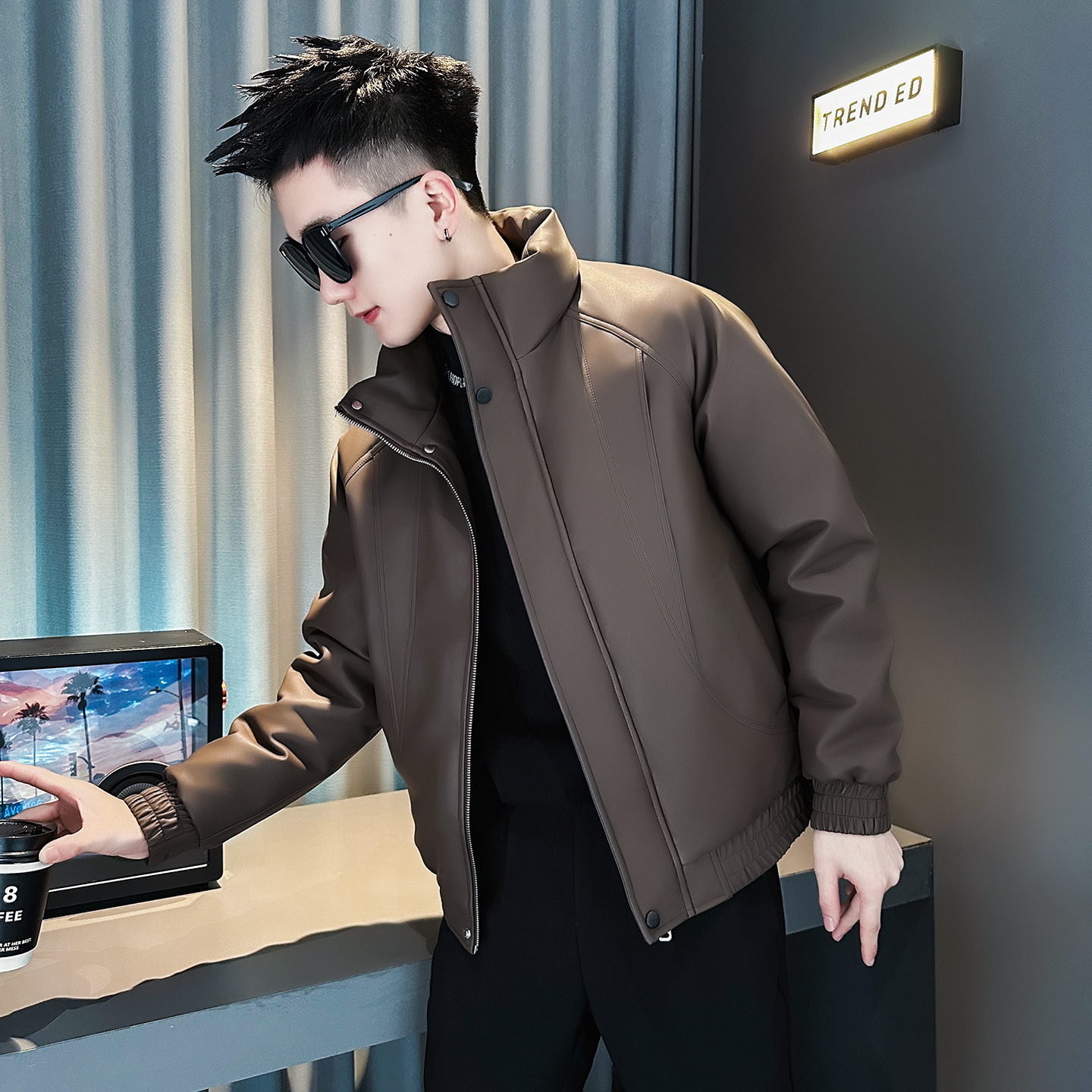 F228-P148控198社会小伙立领皮棉衣外套潮流修身棉服男咖1，男装棉衣，电商A346