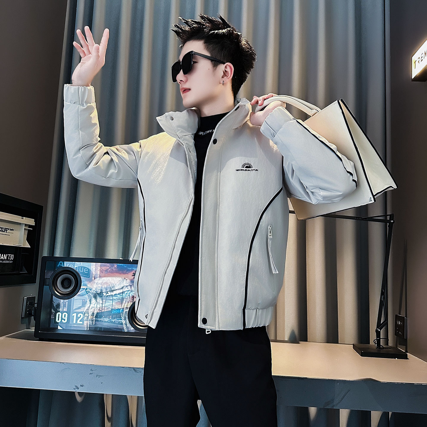 F207-P138控178社会小伙立领棉衣外套潮流修身棉服男白1,男装棉衣,电商A346