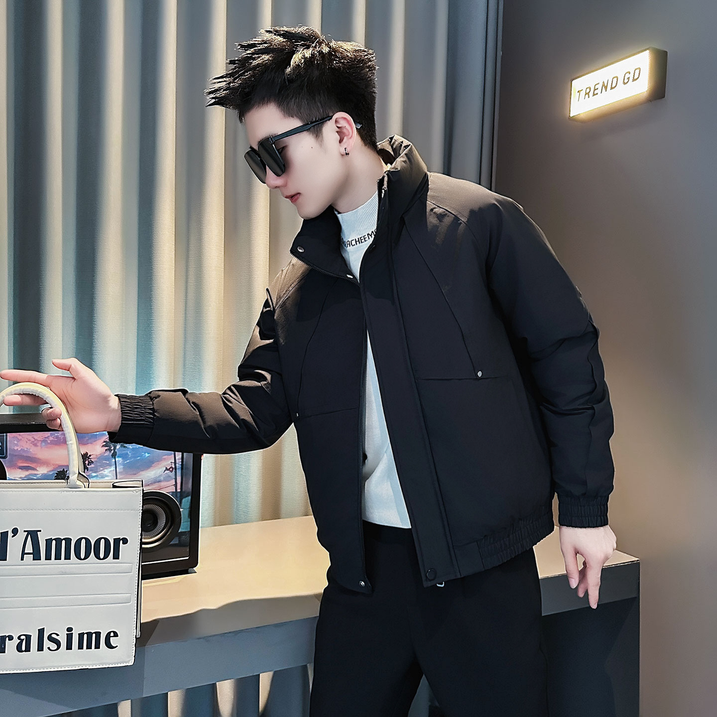 F212-P138控178社会小伙立领棉衣外套潮流修身棉服男黑1，男装棉衣，电商A346