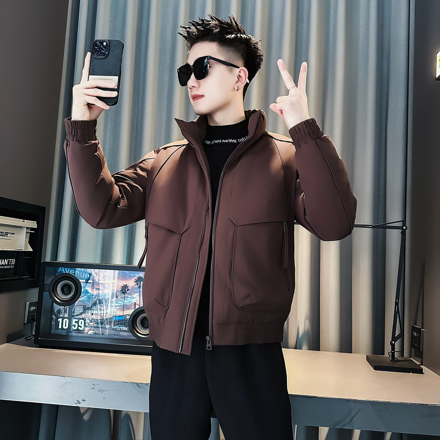 F226-P138控178社会小伙立领棉衣外套潮流修身棉服男卡其1,男装棉衣,电商A346