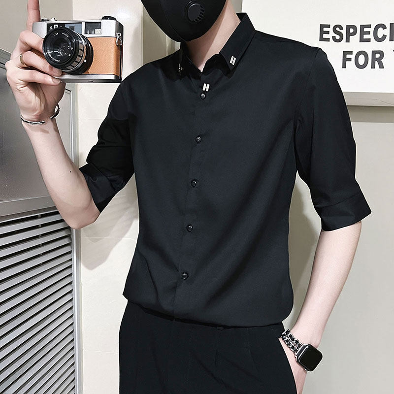 C251-P58控89夏季男时尚短袖衬衫潮流男小伙衬衣黑4，男装T恤，电商A346