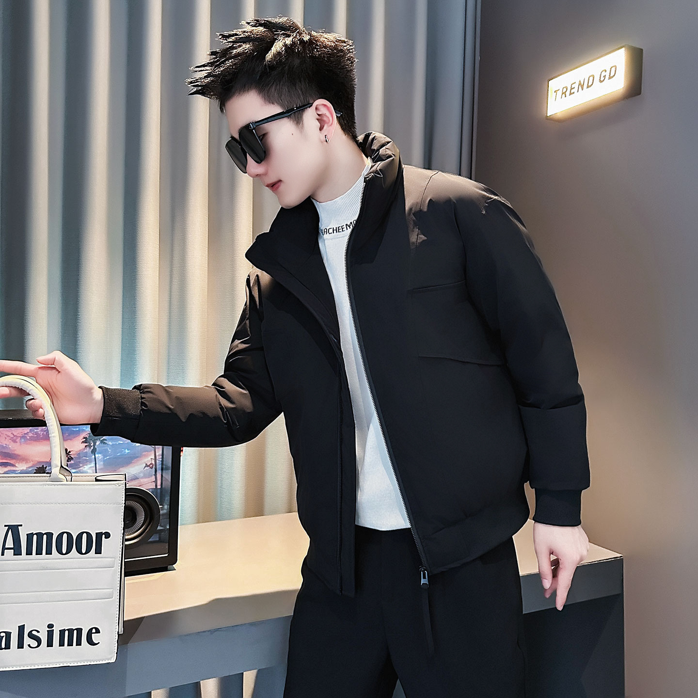 F210-P138控178社会小伙立领棉衣外套潮流修身棉服男黑1，男装棉衣，电商A346