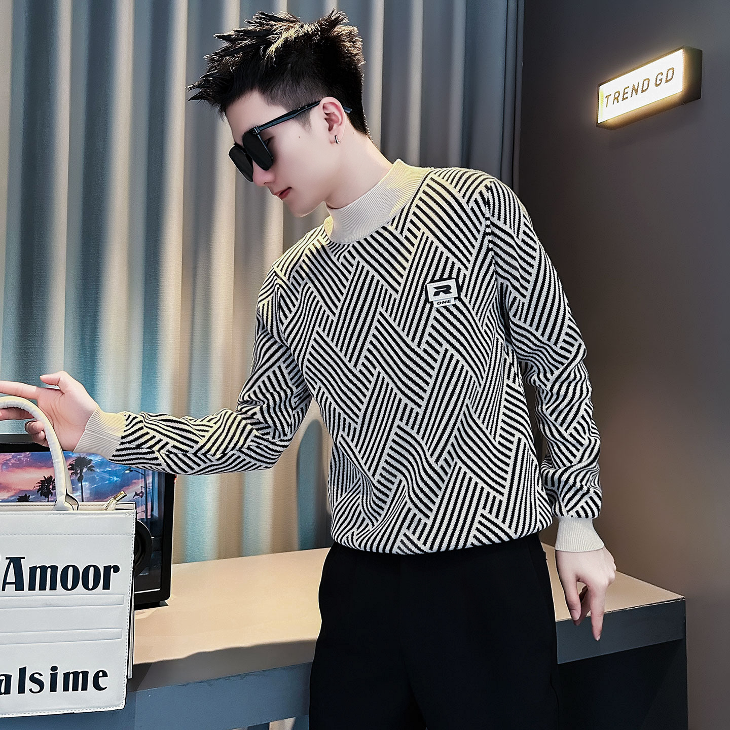 M249-P68控98社会小伙冬季圆领毛衣新款男修身针织衫男潮流杏1，男装针织衫/毛衣，电商A346