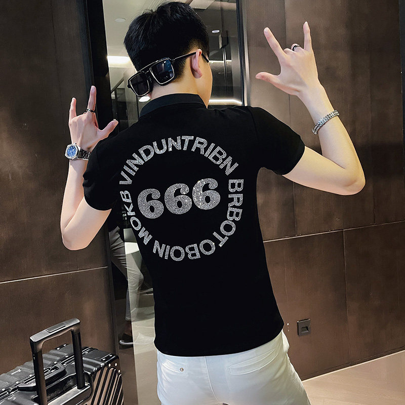 P149-P45 控65 社会小伙修身烫钻短袖polo衫男翻领t恤潮 黑图片
